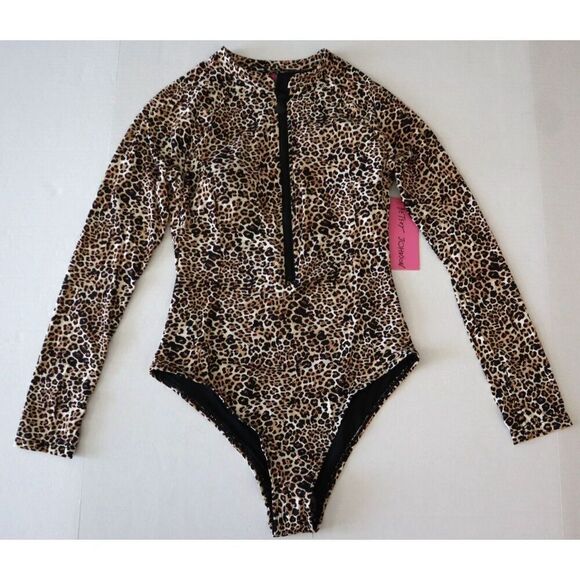 Betsey Johnson Women's Sz M Leopard Print L/S Scuba Zip-Up 1-Piece Swimsuit - Picture 1 of 10